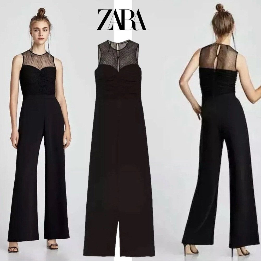 ZARA black ruched semi sheer mesh polkadot sleeveless jumpsuit Sz XS